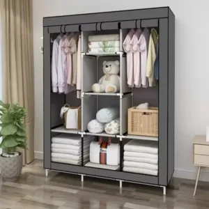 Portable Wooden Wardrobe With Canvas 3 column
