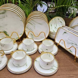 32 Pc Marble Green Ceramic Dinner Set with Gold Rim